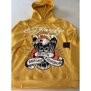 Ed Hardy Death Before Dishonor Y2K Yellow Mustard Hoodie Sweatshirt Mens XL NWT
